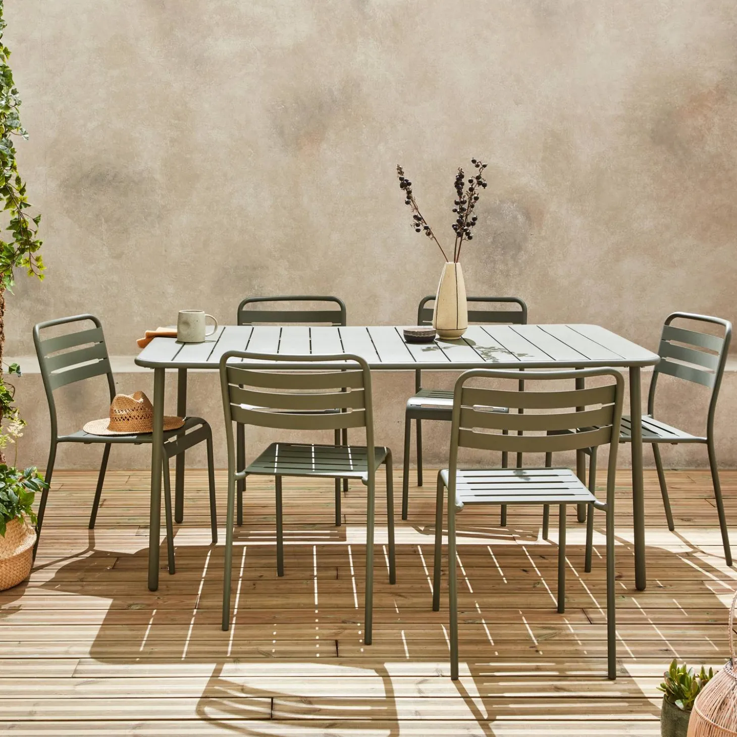 6-8 seater rectangular steel garden table set with 6 chairs
