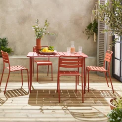 4-seater rectangular steel garden table with 4 chairs