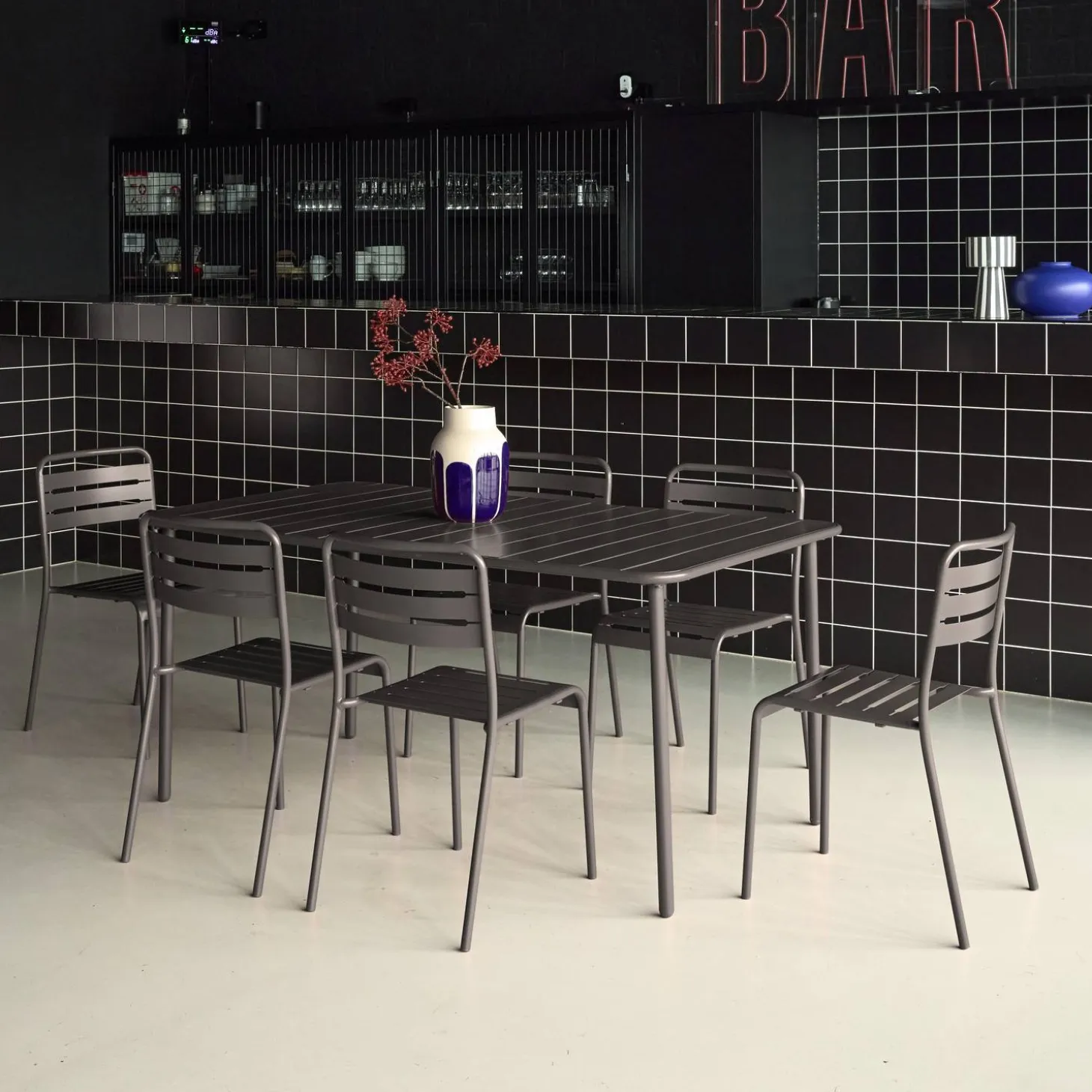 6-8 seater rectangular steel garden table set with 6 chairs