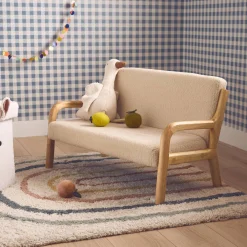 2-seater Scandinavian children's bench in wood and bouclette fabric