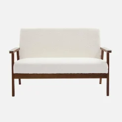 2-seater scandi-style sofa in boucle, light walnut stained legs