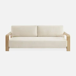 3-seater sofa bed in white boucle with wooden armrests