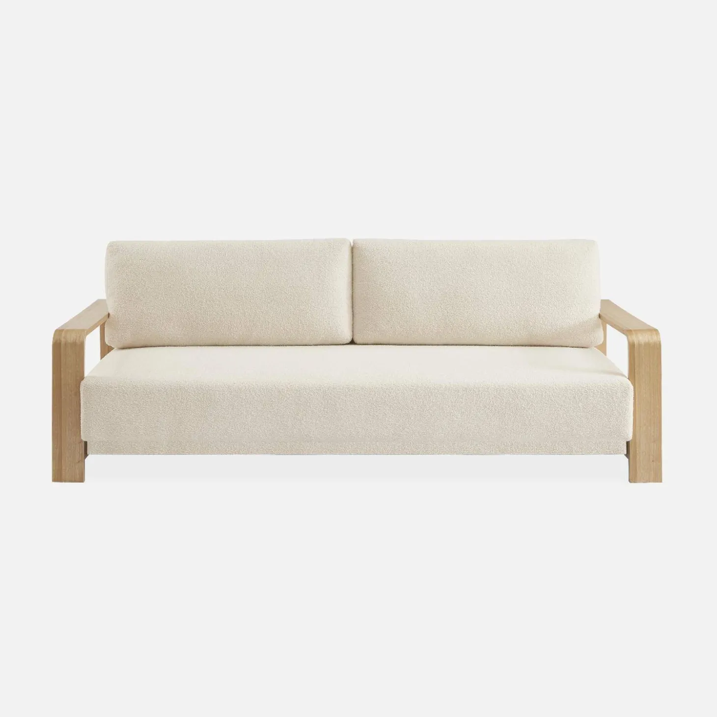 3-seater sofa bed in white boucle with wooden armrests