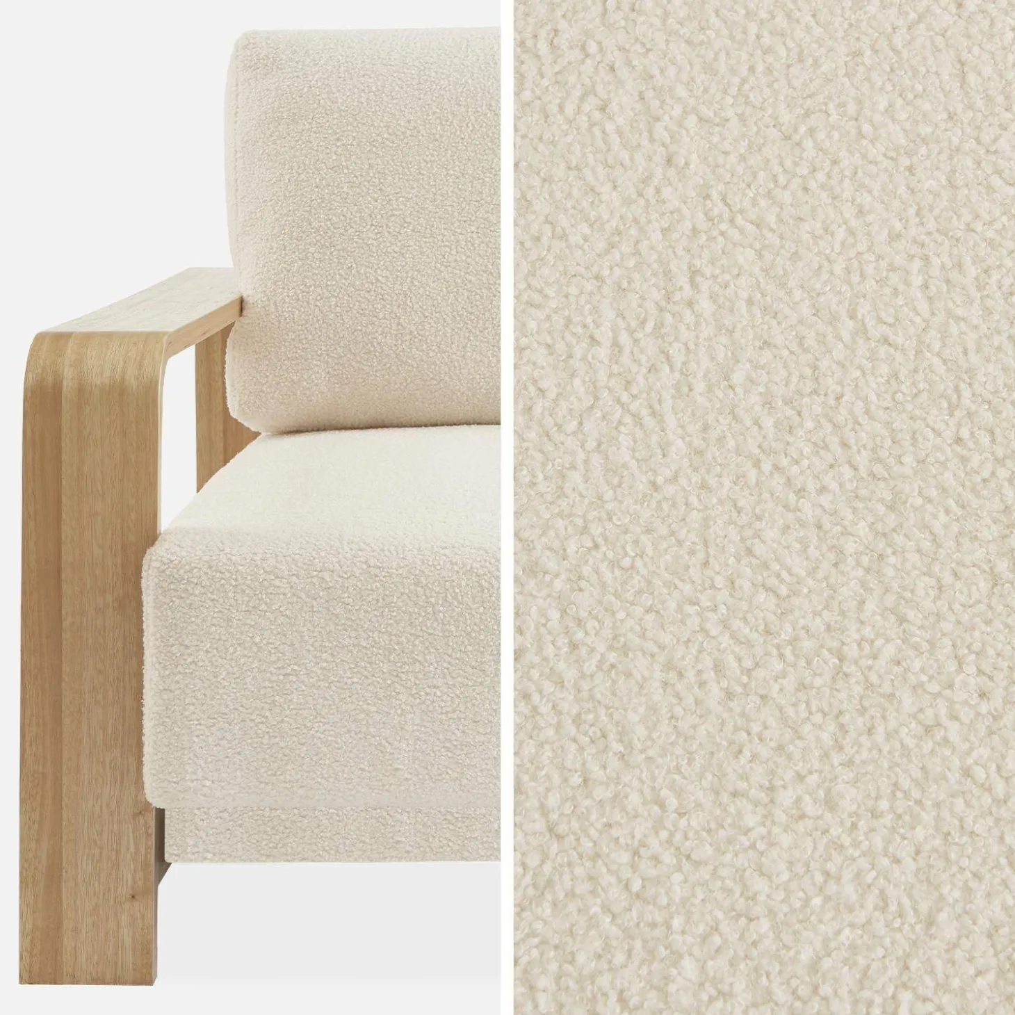 3-seater sofa bed in white boucle with wooden armrests