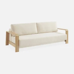 3-seater sofa bed in white boucle with wooden armrests