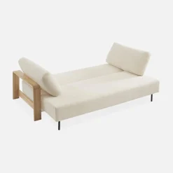 3-seater sofa bed in white boucle with wooden armrests