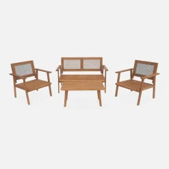 4-seater wooden and cane rattan garden sofa set