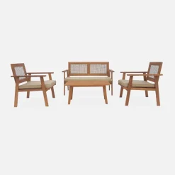 4-seater wooden and cane rattan garden sofa set