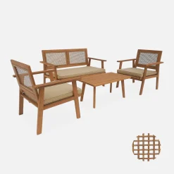 4-seater wooden and cane rattan garden sofa set