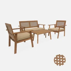 4-seater wooden and cane rattan garden sofa set