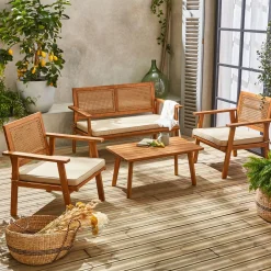 4-seater wooden and cane rattan garden sofa set