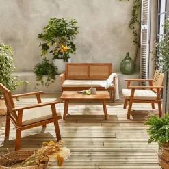 4-seater wooden and cane rattan garden sofa set