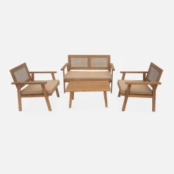 4-seater wooden and cane rattan garden sofa set