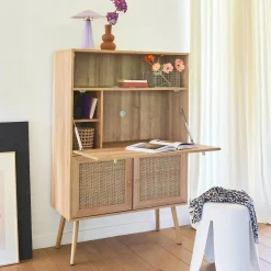 Secretary desk with wood decor, cane and 2 doors