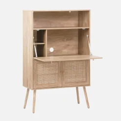 Secretary desk with wood decor, cane and 2 doors