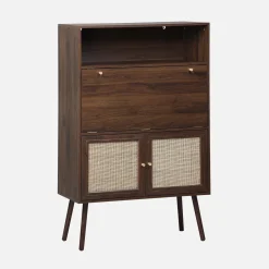 Secretary desk with wood decor, cane and 2 doors