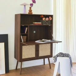 Secretary desk with wood decor, cane and 2 doors