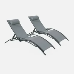 Set of 2 aluminium and textilene sun loungers, 4 reclining positions
