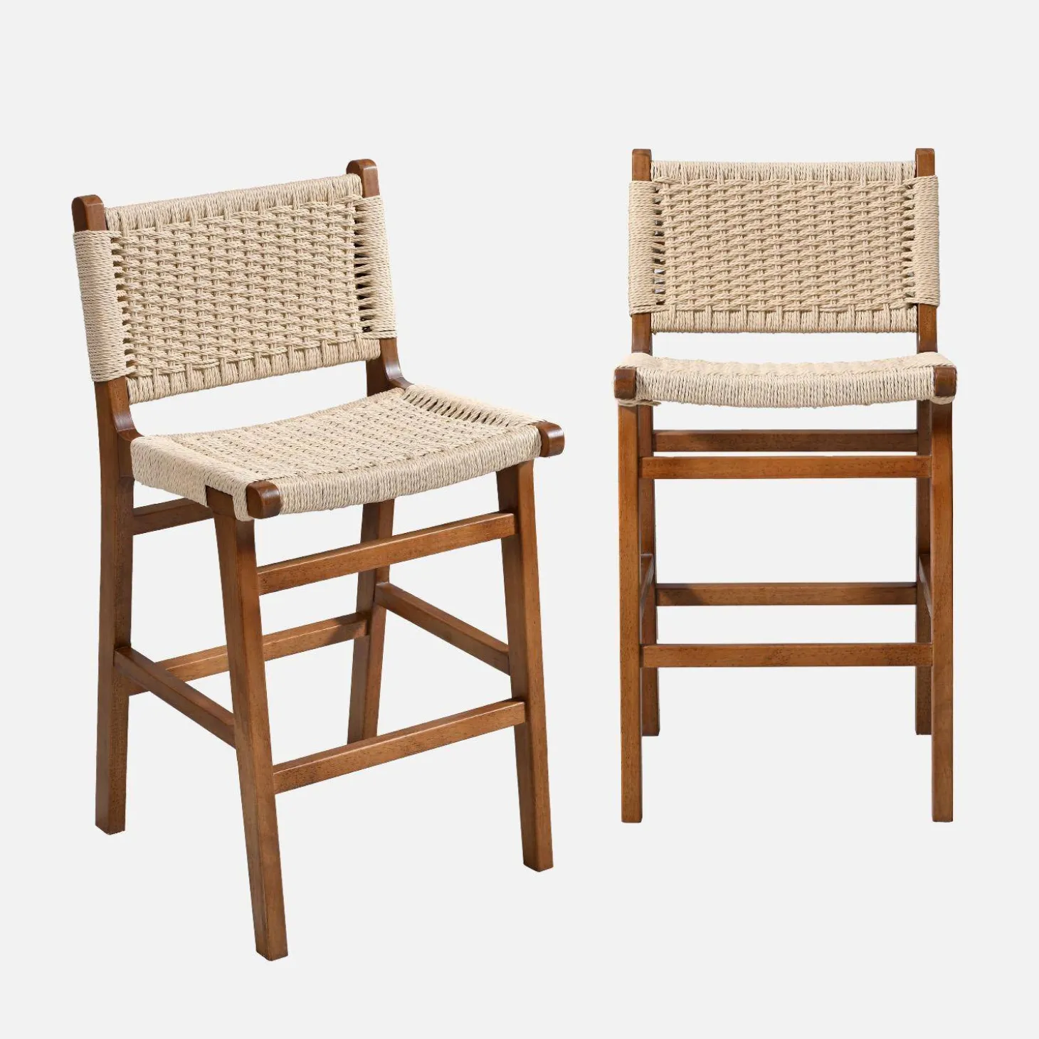 Set of 2 bar stools made of rubberwood with rope seating