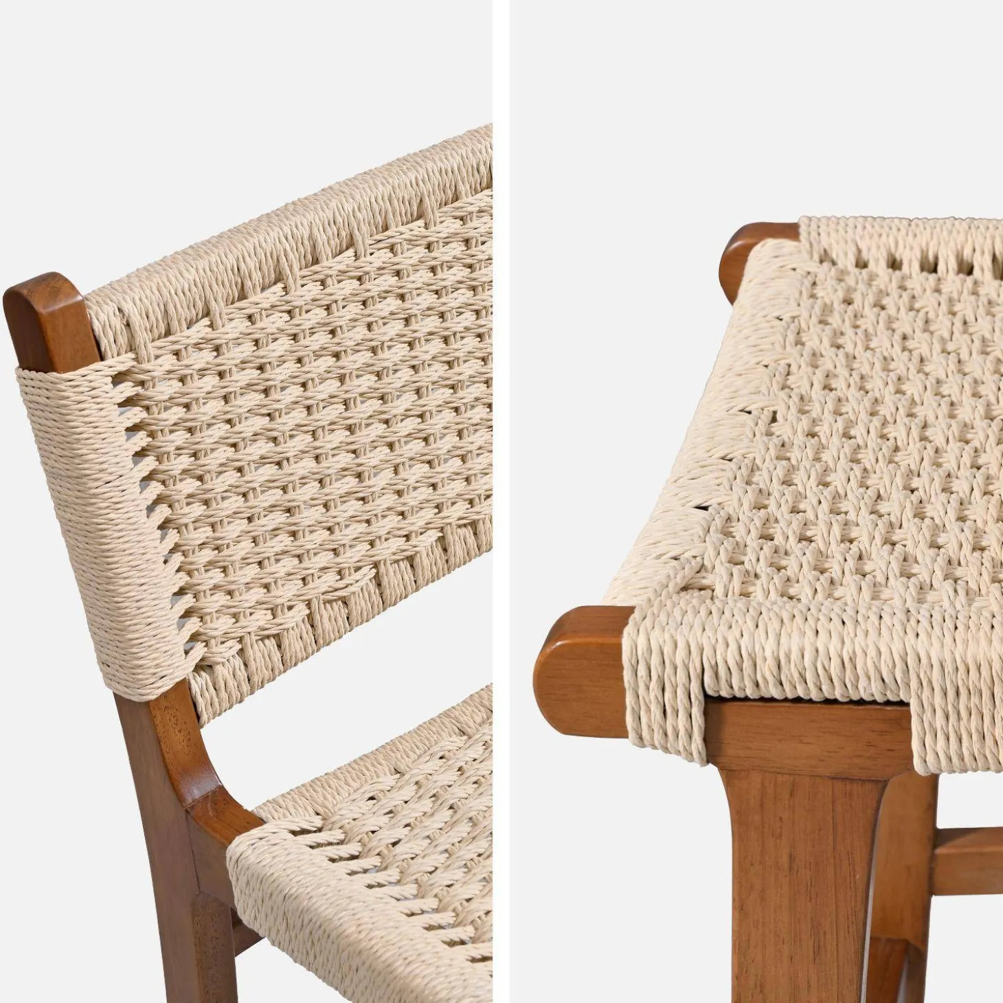 Set of 2 bar stools made of rubberwood with rope seating