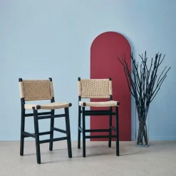 Set of 2 bar stools made of rubberwood with rope seating