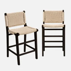 Set of 2 bar stools made of rubberwood with rope seating