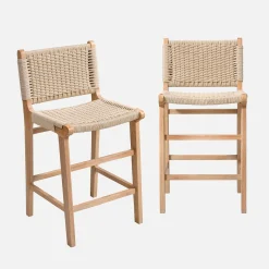 Set of 2 bar stools made of rubberwood with rope seating