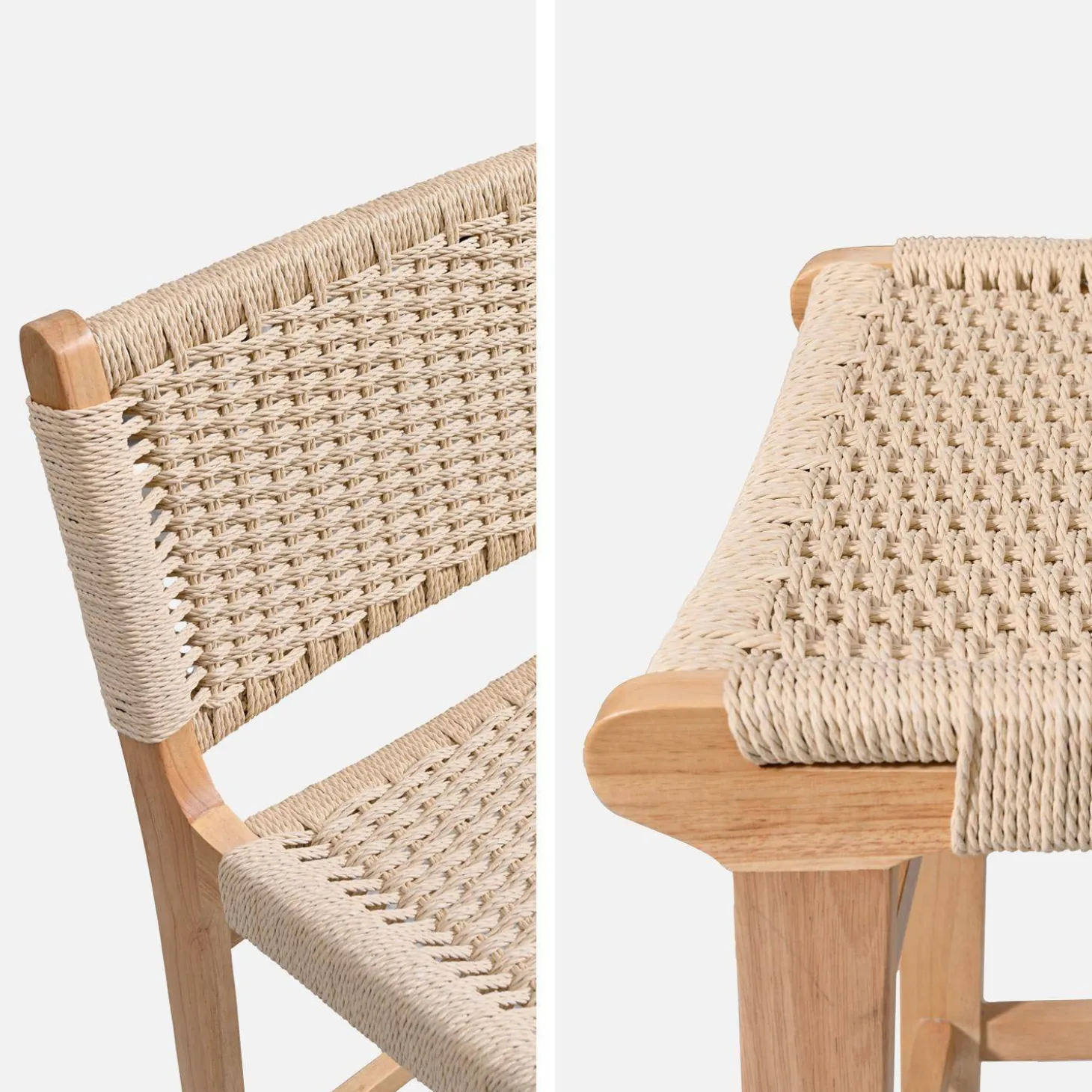 Set of 2 bar stools made of rubberwood with rope seating