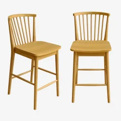 Set of 2 bar stools with slatted back, rubberwood