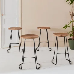 Set of 4 industrial metal and wooden bar stools