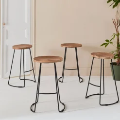 Set of 4 industrial metal and wooden bar stools