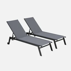 Set of 2 multi-position aluminium sun loungers with wheels