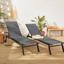 Set of 2 multi-position aluminium sun loungers with wheels