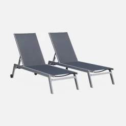 Set of 2 multi-position aluminium sun loungers with wheels