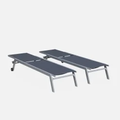 Set of 2 multi-position aluminium sun loungers with wheels