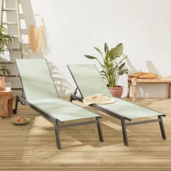 Set of 2 multi-position aluminium sun loungers with wheels
