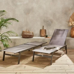 Set of 2 multi-position deckchairs, textilene and steel