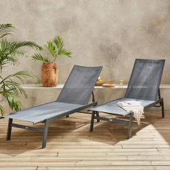 Set of 2 multi-position deckchairs, textilene and steel