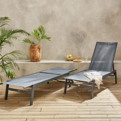 Set of 2 multi-position deckchairs, textilene and steel