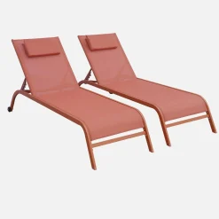 Set of 2 multi-position steel sun loungers with cushion and wheels