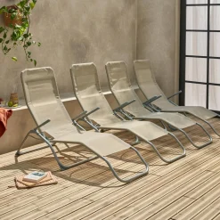 Set of 4 textilene folding sun loungers with 2 positions
