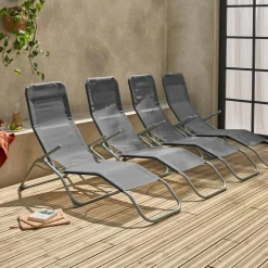 Set of 4 textilene folding sun loungers with 2 positions