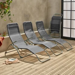 Set of 4 textilene folding sun loungers with 2 positions