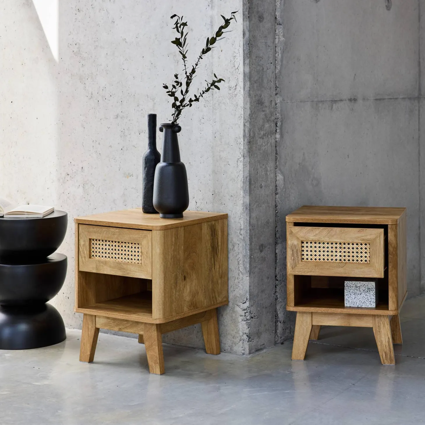 Set of 2 wood effect and cane bedside tables