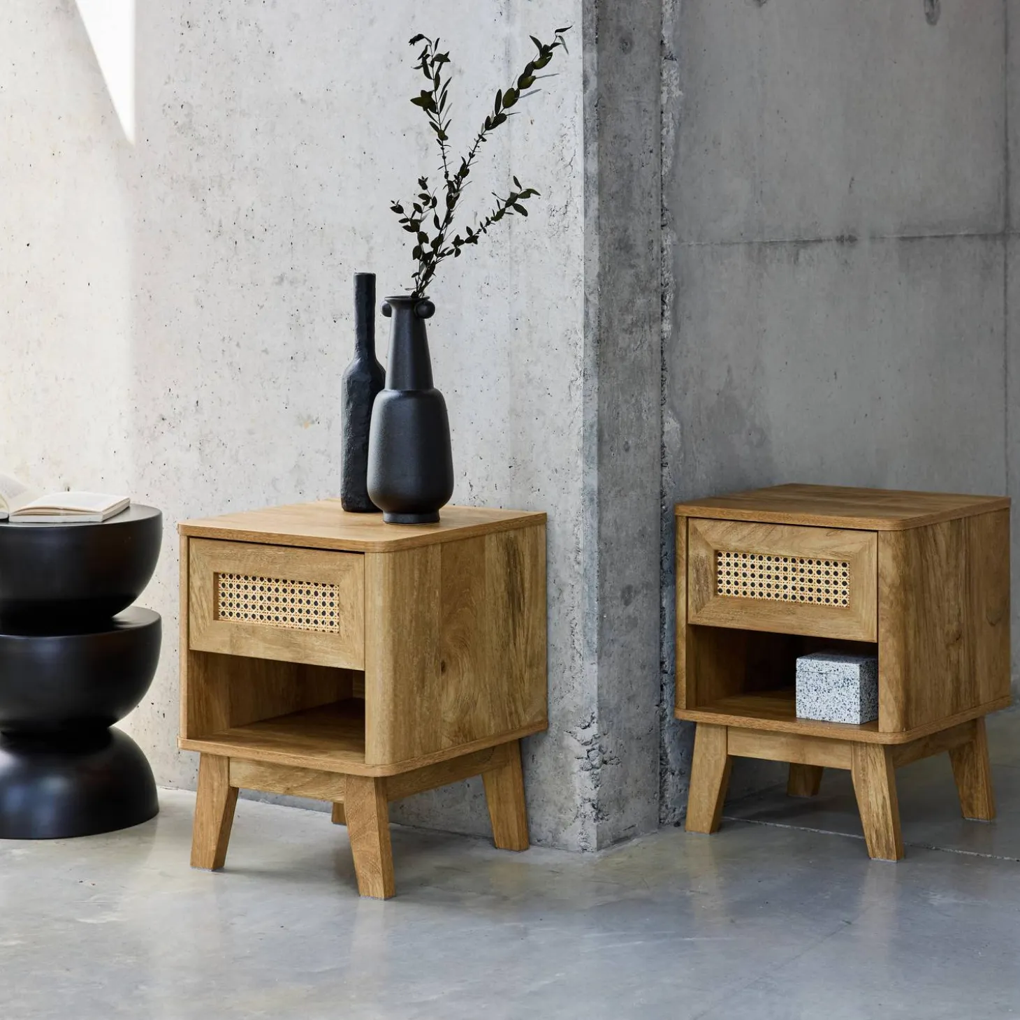 Set of 2 wood effect and cane bedside tables