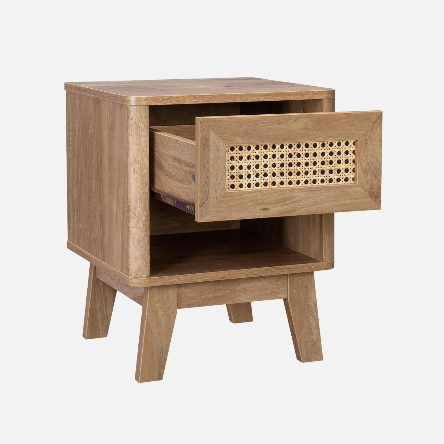 Set of 2 wood effect and cane bedside tables