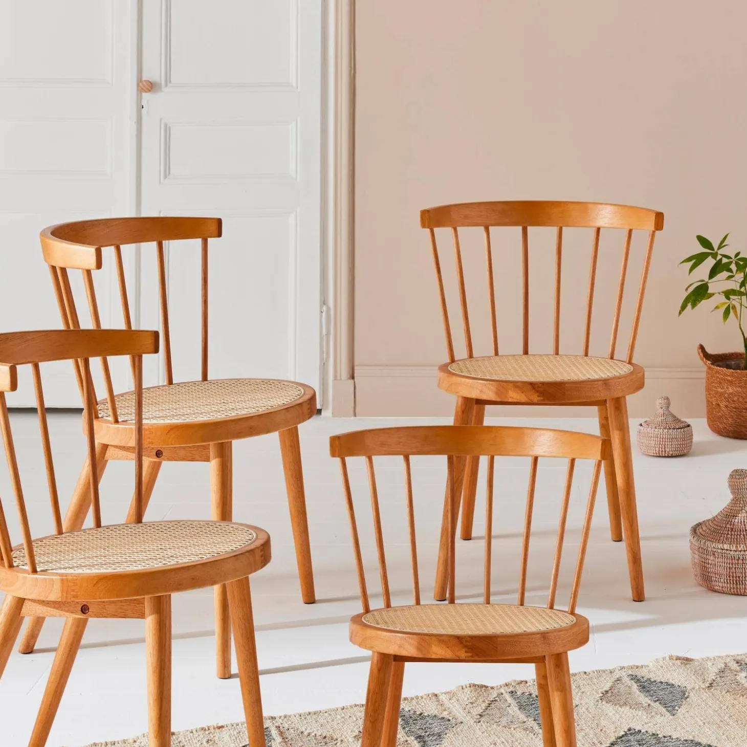 Set of 4 wooden and caned chairs