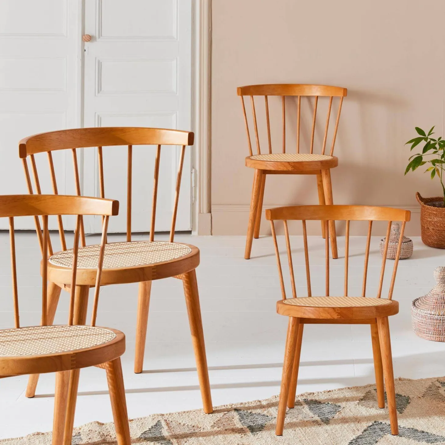 Set of 4 wooden and caned chairs