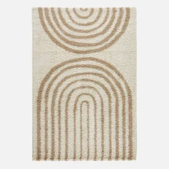 Shaggy indoor rug, rainbow geometric patterns, beige.