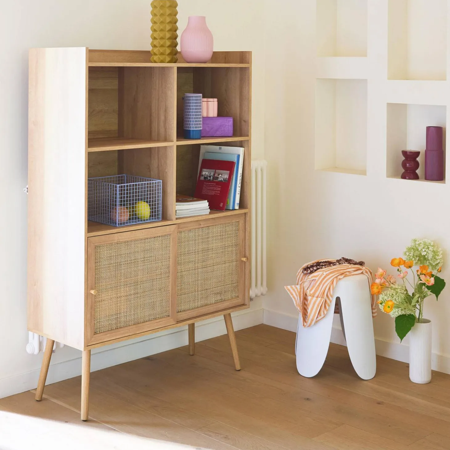5-shelf bookcase, sliding doors with wood and cane effect